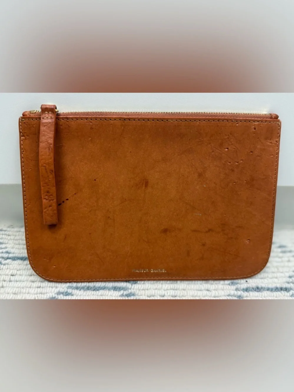 MANSUR GAVRIEL Minimalist Sleek Unisex Brown Leather Top-Zip Clutch W/ Wristlet